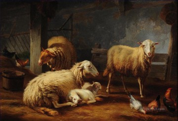 moutons hiver Tableau Peinture - moutons et poulet à la grange